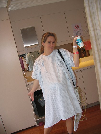 img_1683 We've arrived in our birthing room and Kathryn is modelling the latest in hospital fashion. Very flattering isn't it?