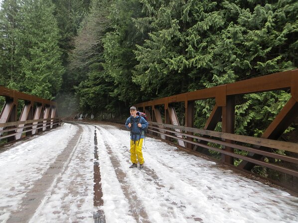 img_5116 Hit a tiny bit of snow on the bridge crossing the South Fork of the Snoqualmie River about a half mile from our cabin.
