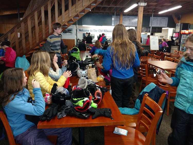 img_20180128_132619177 A pile of kids and their gear lunching in the Hyak lodge.