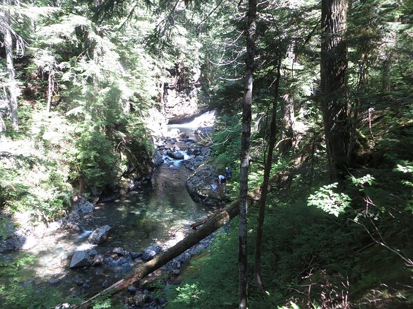 img_7725 The river turns into more of a canyon beyond the point where Denny Creek flows in. A bit of rock scrambling got us further, before a pinch point with vertical...