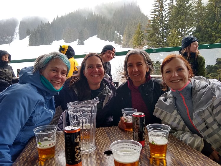2019-04-13 16.12.56 Ladies après ski at Crystal. Photobomber got himself in there too.