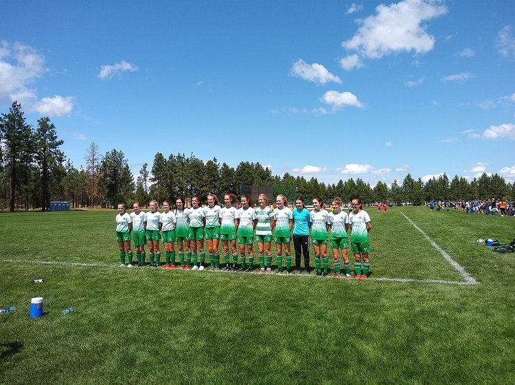 2019-08-10 13.07.44 Team picture before Bend Premier Cup. I guess Zoe didn't get the memo about which shirt to wear.