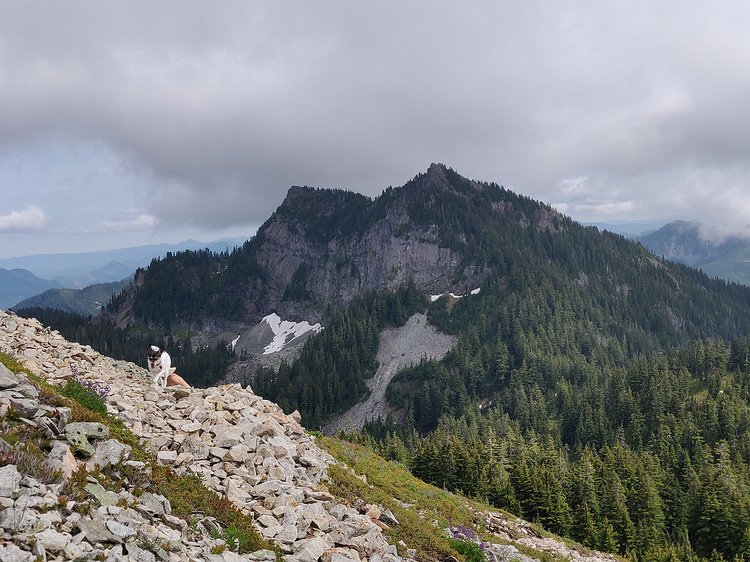 2019-07-04 16.03.41 After leaving Zoe and Gavin down on the PCT, Kathryn and Martin are on a fast and light ascent of Silver Peak. In the background are West and East Tinkham...