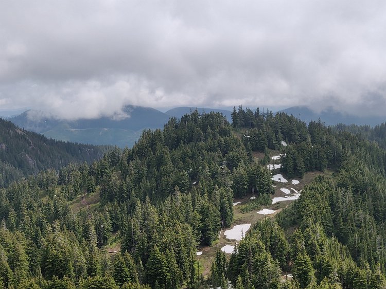 2019-07-04 16.03.52 Looking back on the last bit of winter snow on the ridgeline between Silver and Tinkham Peaks. The trail is on the left.