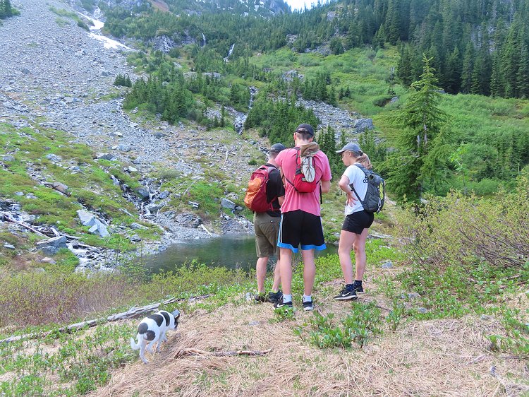 img_1783 Trying to figure out how we're going to get out of the Source Lake basin. We decided on the rightmost rock band which involved crossing no less than 6 streams...