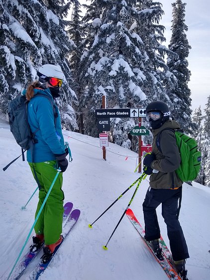 2021-02-14 14.51.48 Zoe and Gavin ready to head down Silver Mountain's North Face Glades, our first run where we were happy to have our avalanche gear and training (not that we...