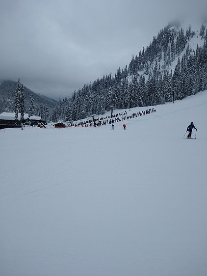 2021-02-09 09.13.16 Oh my! Look at that line. That's a Powder Tuesday at Alpental when the lifts are on hold due to ski patrol avalanche control work.
