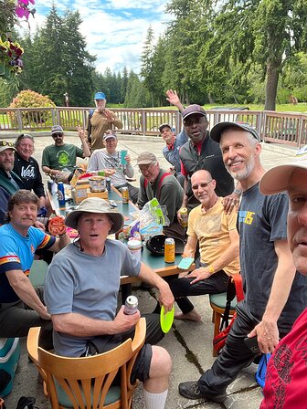 Kayak Point disc golf crew Old dudes lunching during a disc golf day up at Kayak Point Disc Golf Resort.