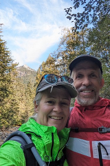 2024-10-13 10.40.46 Ready to go! Starting from the river by the cabin. Guye Peak, in the background, is wishing us good luck.